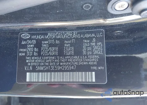 2009 Hyundai Santa Fe Limited from USA, damaged, VIN 5NMSH13E59H295947
